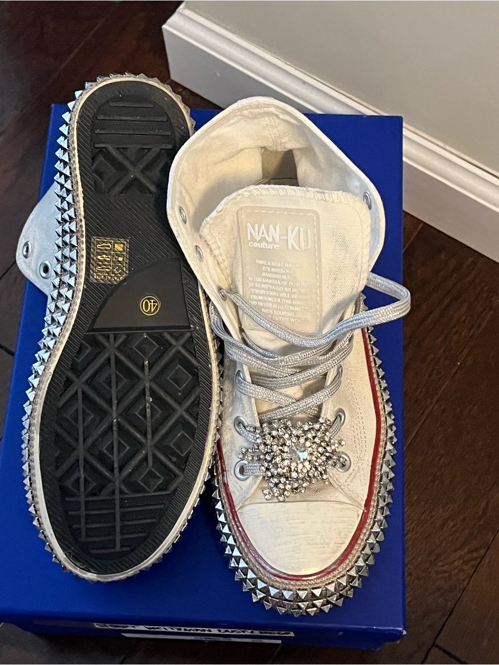 White Jeweled Studded High-Top Sneakers - Women